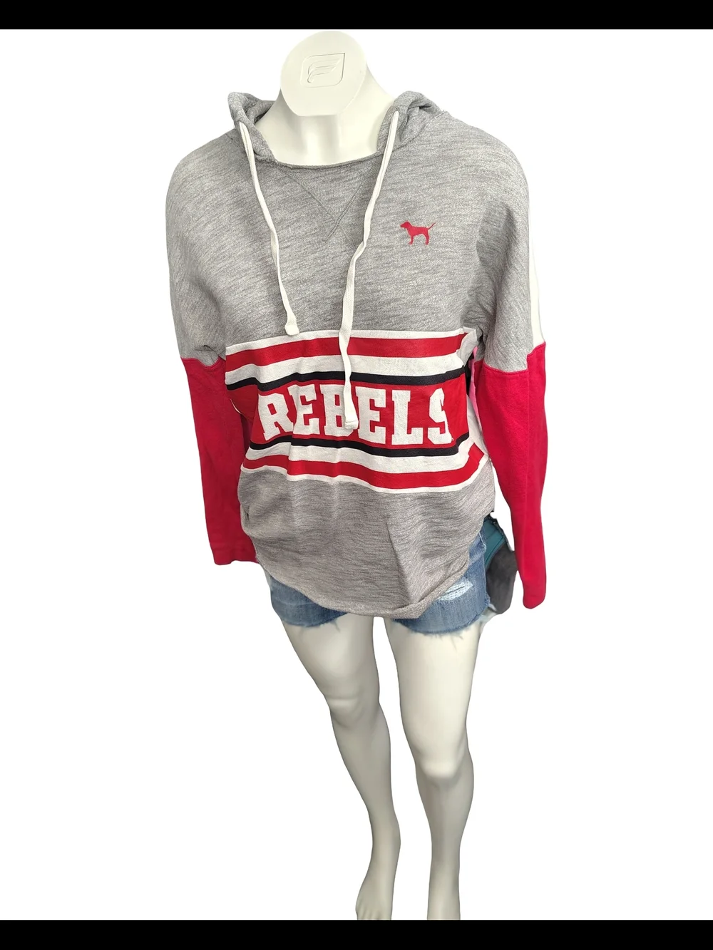 PINK Victoria's Secret Grey, Red & White 'Rebels' Pullover Hoodie